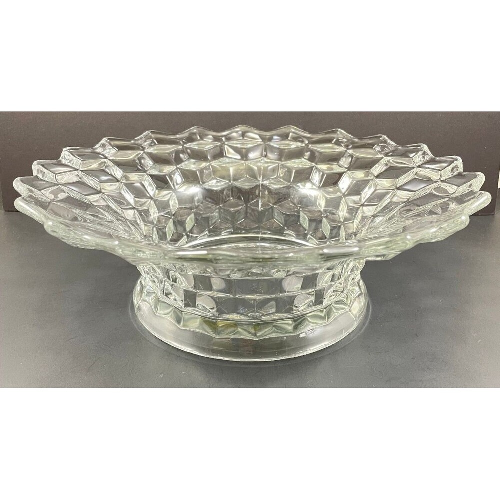 Fostoria American 11.5" Clear Cubist Centerpiece Bowl & Punch Bowl Base Vintage